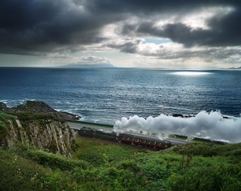 Scotland Steam Locomotive Print, Coastal Railway Photo, Dramatic Sunbeam Ocean Landscape Poster, Moody West Highland Line Art, Train Gift