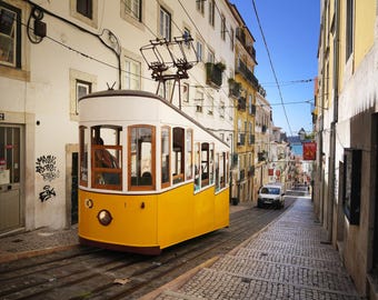 Lisbon Yellow Tram Photo, Bica Funicular Portugal Art Print, European City Street Photography, Pastel Warm Sun Room Wall Decor, Travel Gift