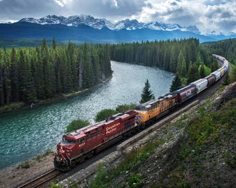 Canadian Pacific Railway Art, Lake Louise Train Photo, Rocky Mountain Landscape Print, Freight Train Wall Decor, Banff Alberta Nature, Gift