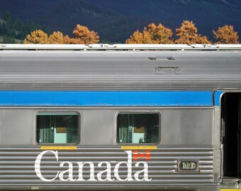 VIA Rail The Canadian Train Photo, Jasper Alberta Travel Art Print, Rocky Mountains Stainless Steel Railway Poster, Modern Home Wall Decor