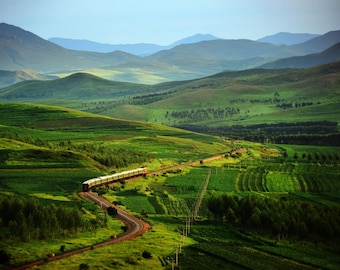 Scenic China Train Photography,Baicheng Aershan Railway Wall Decor, Lush Green Hills Art Print, Inner Mongolia Winding Track Statement Piece