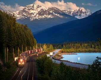 Canadian Rockies Train Print, Moose Lake Mountain Photography, Scenic Landscape Wall Decor, Small Format Nature Art, Rail Gift