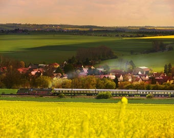 German Steam Train BR 41 Photo, Weimar Countryside Art Print, Yellow Rapeseed Field Landscape Poster, Industrial Power Photography