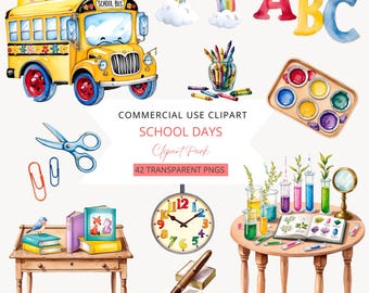 Lot de cliparts scolaires | Illustrations de la rentrée scolaire | Fournitures pour enseignants PNG | Décoration de salle de classe | Graphismes d'agenda scolaire