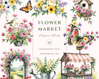 Pacchetto clipart del mercato dei fiori, PNG floreali acquerellati, fiori da giardino, bancarella del mercato, uso commerciale, sfondo trasparente