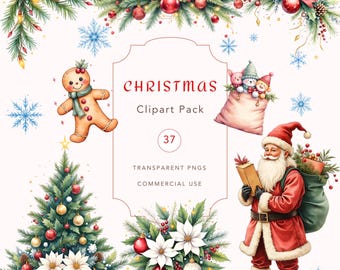 Christmas Clipart Bundle, Holiday PNG Graphics, Watercolor Christmas Illustrations, Festive Clip art, Commercial use