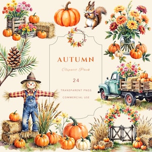 Paquete de imágenes prediseñadas de acuarela de otoño, imágenes prediseñadas de otoño rústico, imágenes prediseñadas de cosecha, uso comercial, PNG transparentes