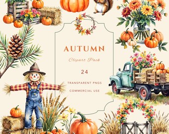Autumn Watercolor Clip art Bundle, Rustic Fall clip art, Harvest Clip art, Commercial Use, Transparent PNGs