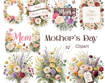Mother's Day Clip Art, Floral Designs for cards, Mother's day PNG graphics, PNGs, Digital Download, Floral clip art