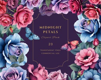 Midnight Petals – Dark Floral Watercolor Clipart Pack, 20 PNGs, Commercial Use, Transparent background