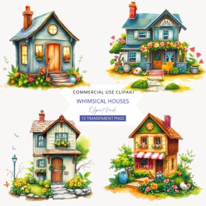 Whimsical House Clipart, Digital Download, Cards, Whimsical Homes Clipart, Junk Journal, Stickers, Commercial Use PNGs