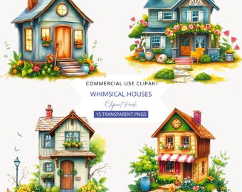 Whimsical House Clipart, Digital Download, Cards, Whimsical Homes Clipart, Junk Journal, Stickers, Commercial Use PNGs