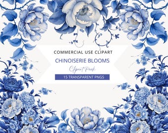 Chinoiserie-illustraties, botanische ontwerpen, uitnodigingen, scrapbooking en ambachten, bloem clipart, png's, digitale download