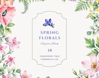 Spring Floral Clipart Pack - PNG Watercolor Flowers, Botanical Illustrations, Transparent Background, Commercial Use