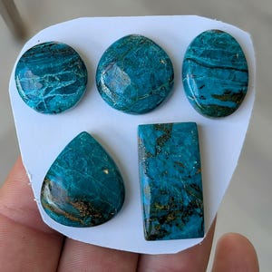 May include: Five polished gemstones in various shapes: round, oval, teardrop, and rectangular. The stones are a vibrant teal color with dark blue and brown veining. The gemstones are displayed on a white surface.