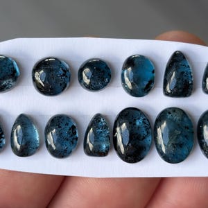 May include: A collection of twelve polished, dark teal gemstones in various shapes, including round, oval, and teardrop. The gems are displayed on a white card, showcasing their deep color and reflective surfaces. The gems are held by a person.