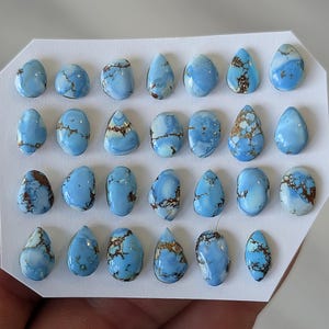 Puede incluir: Una colección de veintiuna piedras preciosas de turquesa azul claro con patrones de matriz marrón. Las piedras tienen varias formas, incluyendo ovaladas, de lágrima e irregulares, exhibidas en una tarjeta blanca. Las piedras preciosas están pulidas y tienen un acabado brillante.