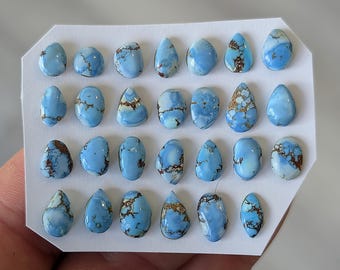 May include: A collection of twenty-one light blue turquoise gemstones with brown matrix patterns. The stones are various shapes, including oval, teardrop, and irregular forms, displayed on a white card. The gemstones are polished and have a glossy finish.