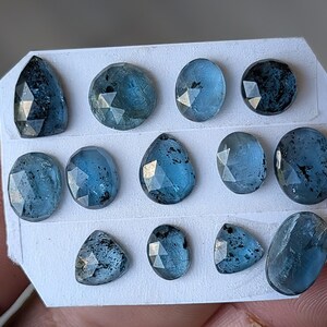 May include: A collection of faceted blue gemstones in various shapes, including oval, teardrop, and triangular cuts. The gems have a translucent quality with dark inclusions, displayed on a white card. The gems are held by a hand.