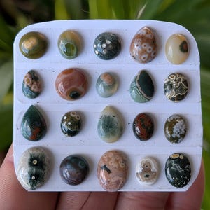 May include: A selection of polished gemstones in diverse shapes and colours, including green, brown, and cream. The gemstones are displayed on a white card, showcasing their unique patterns and textures. The collection includes oval, teardrop, and round shapes.