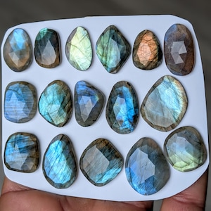 May include: A collection of sixteen faceted labradorite gemstones arranged on a white display card. Each stone features a unique irregular shape and displays iridescent flashes of blue, green, and gold light across its polished, multi-faceted surface.
