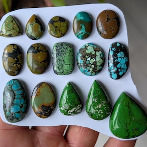 May include: A collection of fourteen polished, cabochon-cut gemstones in various shapes including ovals, teardrops, and rectangles. The stones feature diverse patterns and colours, ranging from shades of turquoise and blue to green, brown, and black.