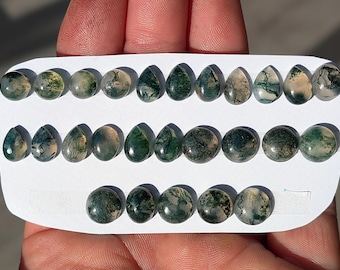 Op de afbeelding: Een verzameling mosagaat edelstenen in diverse vormen, waaronder rond en druppelvormig. De stenen tonen een mix van groene, witte en doorschijnende kleuren, gerangschikt op een witte kaart. De natuurlijke patronen creëren een unieke uitstraling.