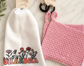 Crochet Towel Holder with Wooden Rings | Farmhouse Kitchen Decor, Cotton Accessory
