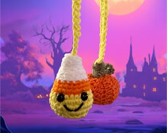 Crocheted Candy Corn & Pumpkin Car Charm – Halloween Fall Decor