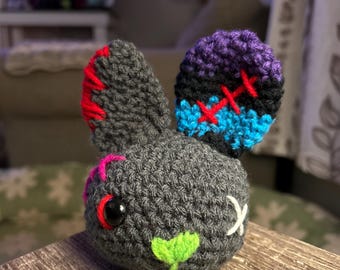Handmade Crochet Gremlin Zombie Bunny Plush • Quirky Amigurumi Stuffed Animal Decor