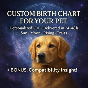 Carta astral personalizada para mascotas • Lectura astrológica personalizada para gatos y perros • Sol • Luna • Ascendente • PDF de 24 horas
