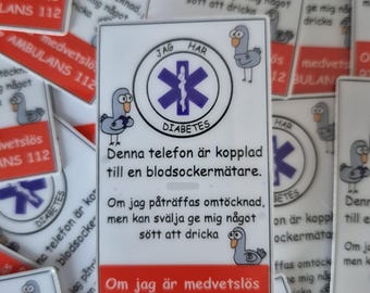 Naklejka informacyjna o cukrzycy, wytrzymała, matowa (tekst szwedzki)
