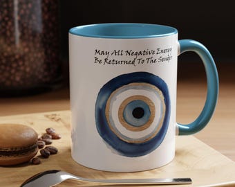 Evil Eye mug, negative energy blocker, protection from negativity, spiritual coffee cup, ceramic tea mug, unique gift for friends, good
