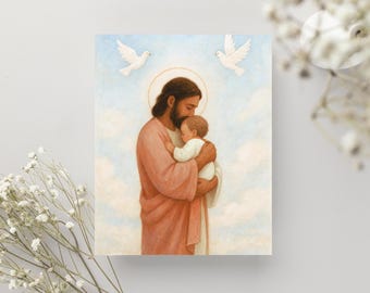 Miskraamcadeau - Jezus houdt babydoek vast - herdenkingskunst voor verlies van zwangerschap, verlies van baby, doodgeboren rouw, cadeau voor rouwende ouders