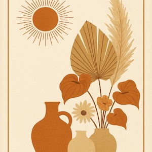 Pôster Boho Chic | Cartaz digital para impressão | Decoração de parede com plantas e sol | Formato A4, A3, 8x10 | Download instantâneo
