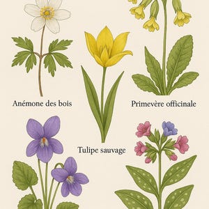 Póster botánico de primavera – Ilustración floral vintage A4/A3 – Flores de Borgoña y el Franco Condado – Descarga digital