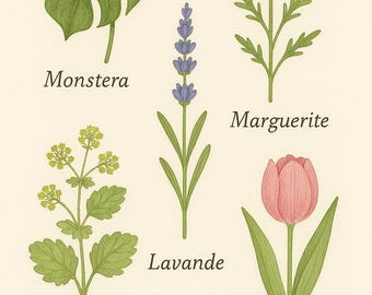 Póster imprimible de herbario botánico: ilustración de plantas y flores, decoración natural para pared, tamaño A4 y A3, descarga digital