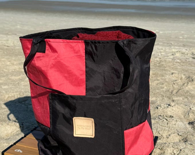 18 x 18 x 6 Tote Bag Recycled Sail Black and Red