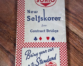 Vintage 1934 Sohio Selfskorer for Contract Bridge | Standard Oil Ohio Gas Station Advertising | Mechanical Bridge Score Ephemera 6x3.5