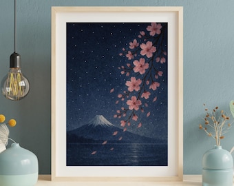 Night Sakura Wall Art - Mount Fuji & Cherry Blossoms - Japanese Moonlight Printable - Zen Digital Download
