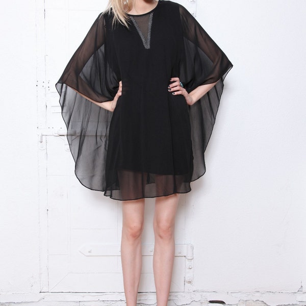 70s Sheer Black Draped Cape Dress