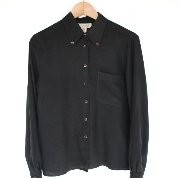 90s Black SILK Oxford Blouse with Chest Pocket S-M