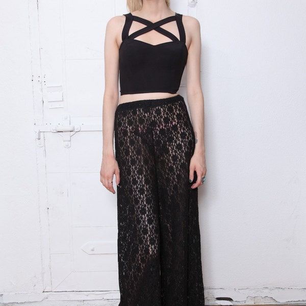 Black Lace Wide Leg Flared Pants S-M