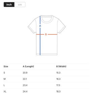 May include: White t-shirt with a diagram showing length and width measurements. The diagram uses inches for the measurements. Sizes are listed as S, M, L, and XL, with corresponding length and width measurements in inches.