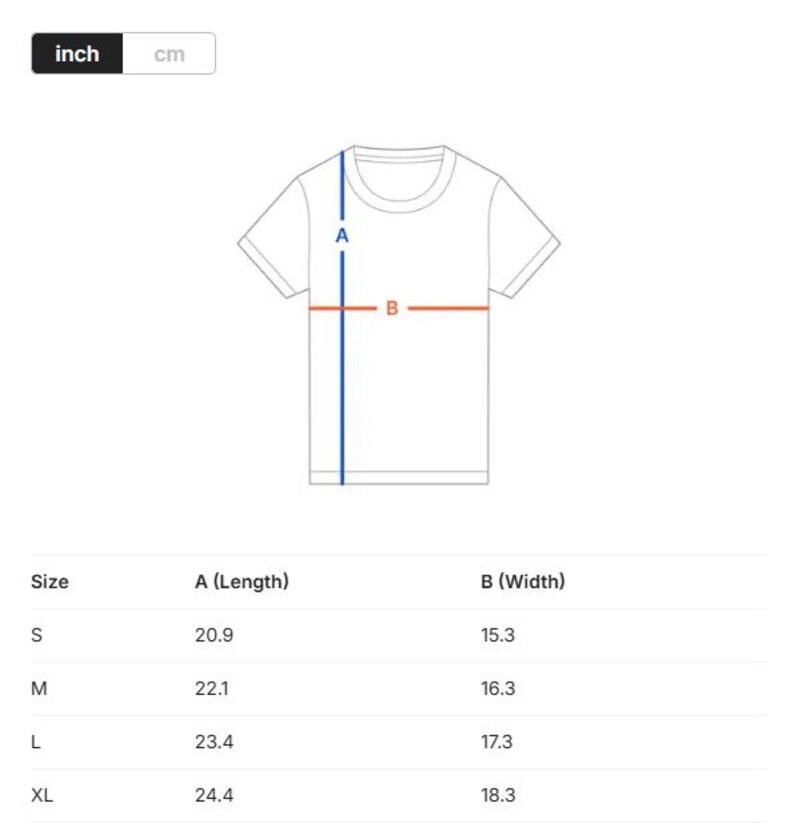 May include: White t-shirt with a diagram showing length and width measurements. The diagram uses inches for the measurements. Sizes are listed as S, M, L, and XL, with corresponding length and width measurements in inches.