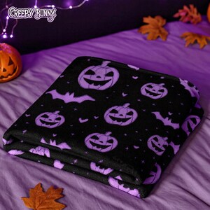 Pumpkin Blanket: Spooky Halloween pumpkins and bats Home Decor | Lilac and black | Creepy Bunny