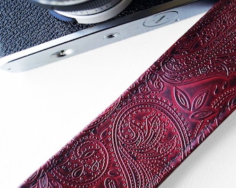 Paisley Camera Strap, Oxblood or Ivory Color Choices, Hand Made of Embossed Vegan Leather