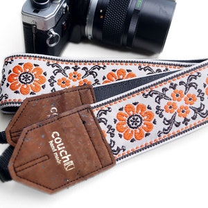 Cork And Orange Flowers Camera Strap, Made of Vintage 70s Fabric, Recycled Seatbelt and Vegan Cork Leather image 1