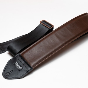 Extra Wide Padded Guitar Strap, Dark Brown - Handmade With Vegan Leather and Recycled Seatbelt