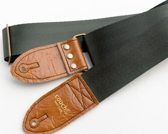 Forest Green and Buckskin Guitar Strap, Made of Recycled Seatbelt, Vegan Leather, and Custom Forged Bronze Hardware